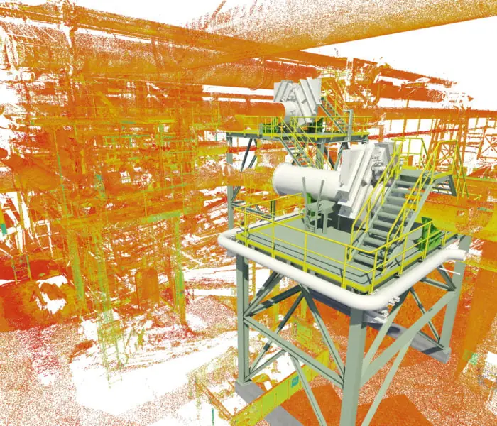 3D laser scan of an industrial structure with scaffolding and machinery.