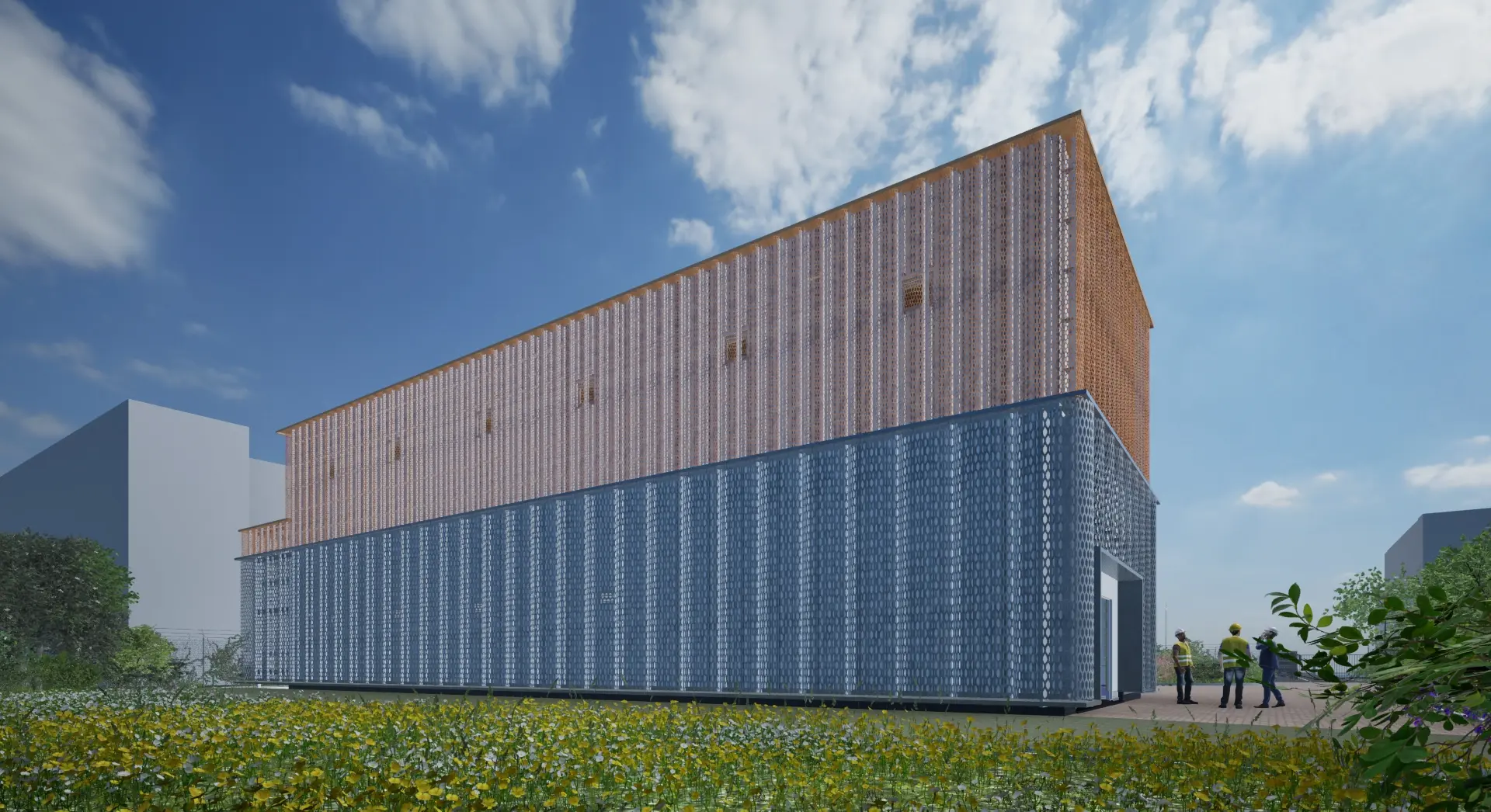 Moderne architectuur van een groot gebouw met geperforeerde gevels, zichtbaar vanaf het noordwesten, omgeven door een grasveld.