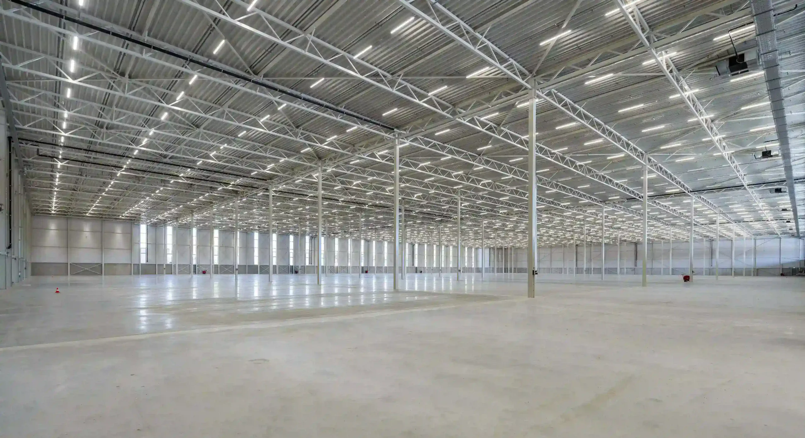 An empty, spacious warehouse with a high ceiling and grid-like metal beams.