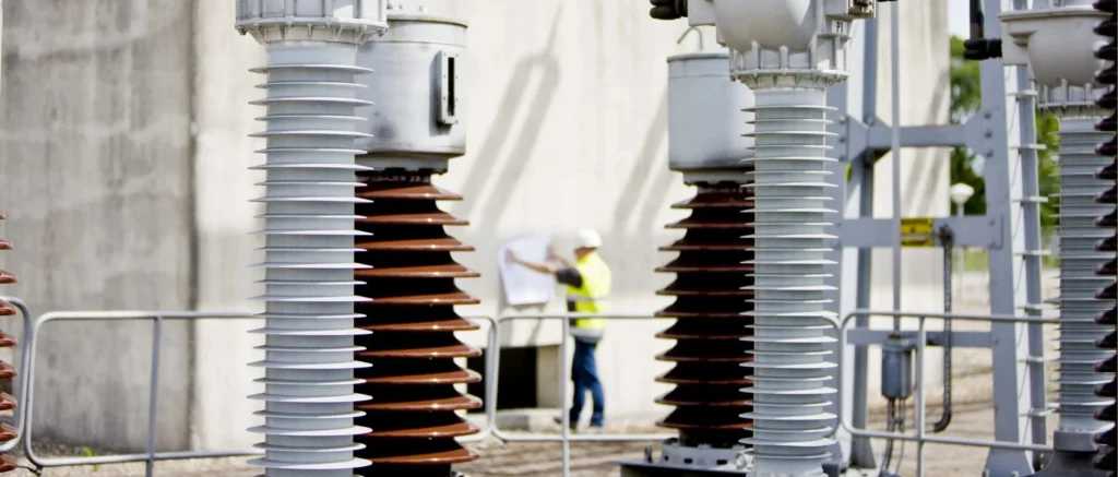 Close-up of electrical insulators with a worker in the background holding a blueprint.
