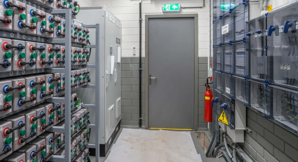 A hallway in a utility room with electrical equipment and a fire extinguisher.