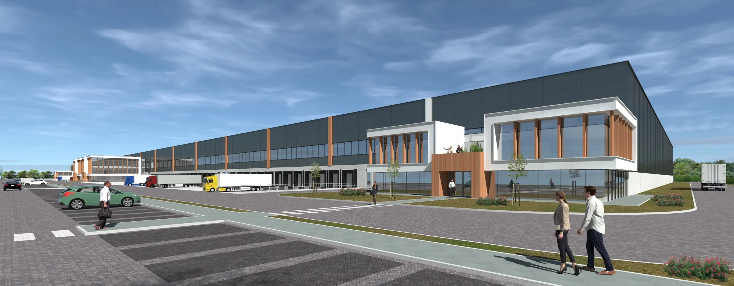 Architectonische weergave van een modern bedrijfsgebouw met parkeerplaats en vrachtwagens.