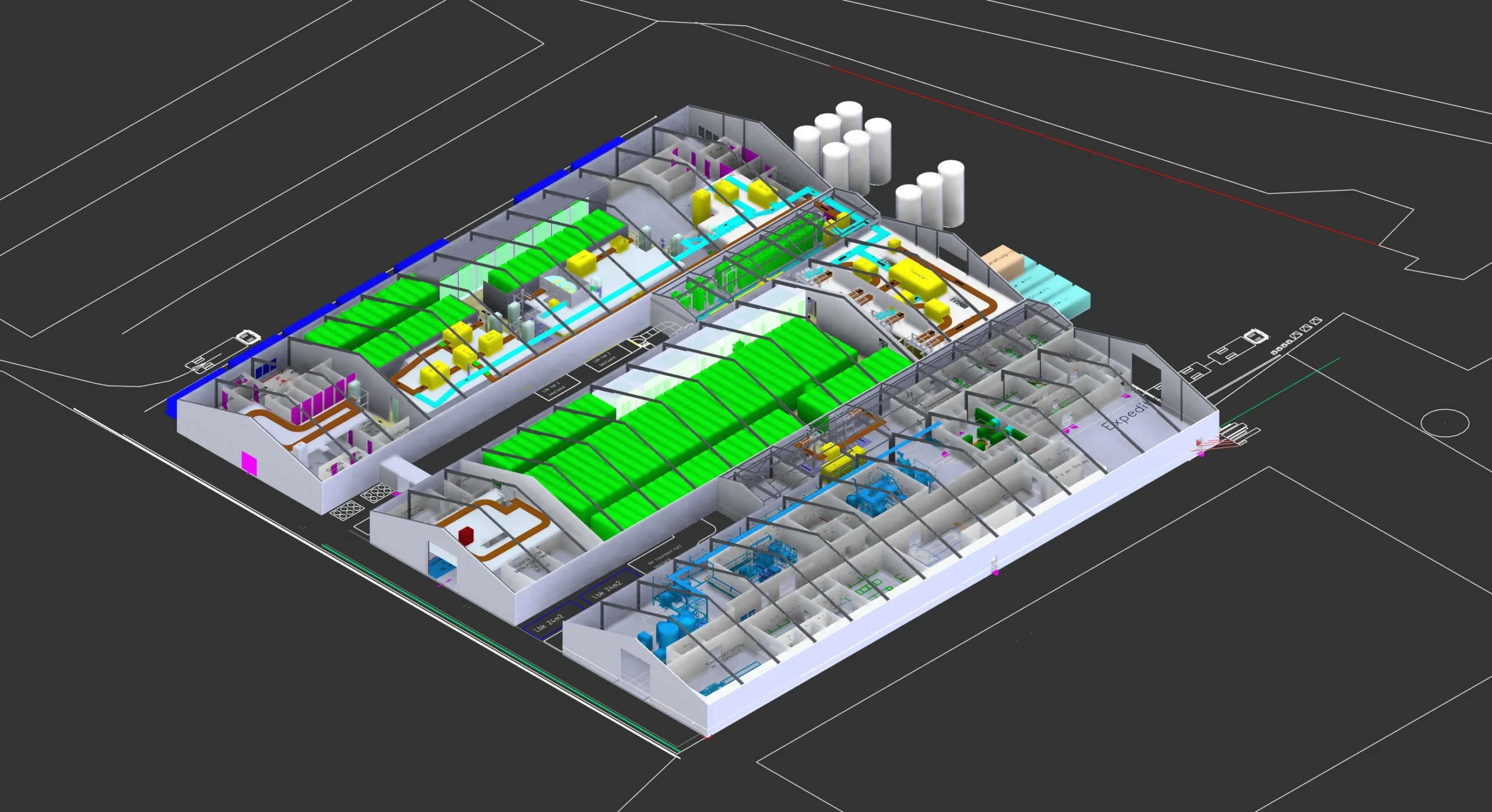 3D architectural rendering of an industrial facility layout with various colored sections and equipment.