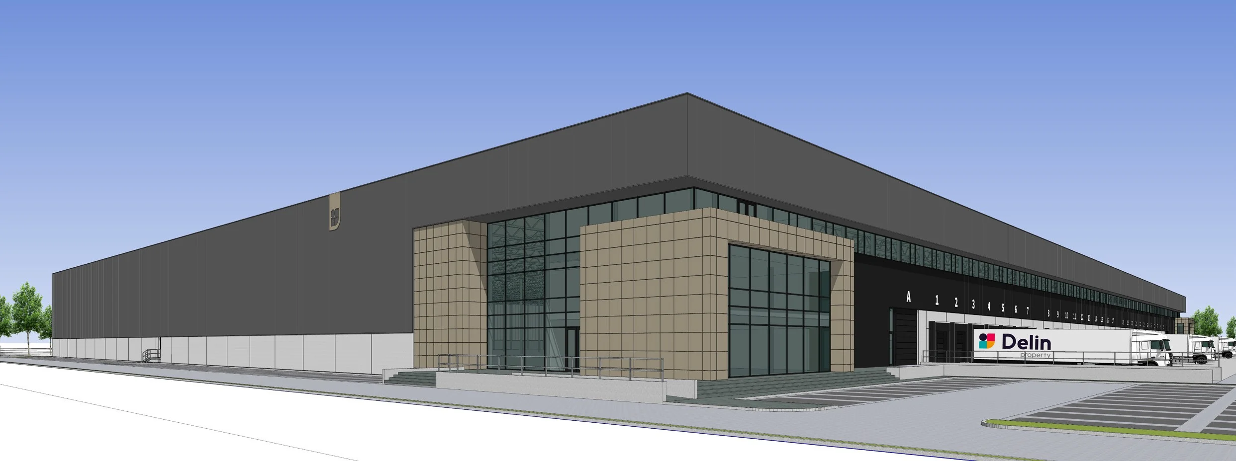 Architectonische tekening van een modern bedrijfsgebouw met parkeerplaatsen en vrachtwagens bij Delin Gilze.