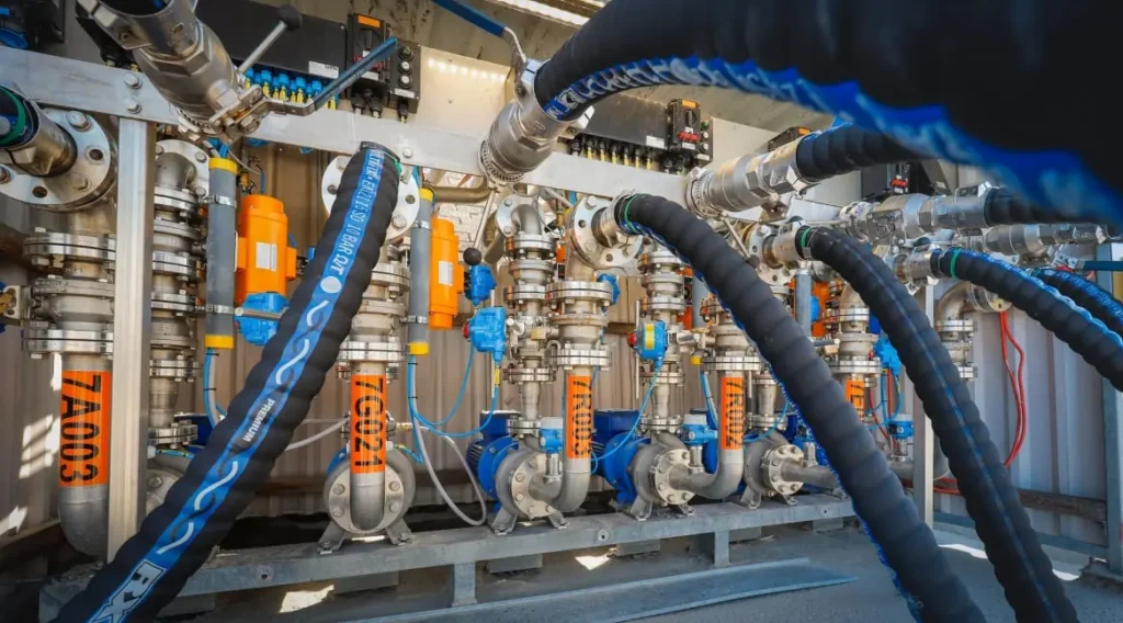 A complex assembly of industrial cables and machinery labeled with numbers in an engineering setup.